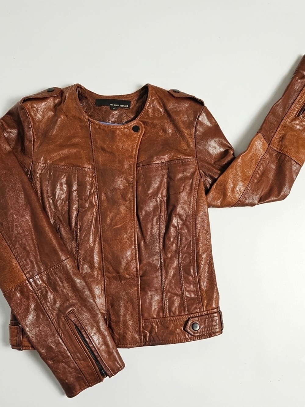 Wilsons Leather Jacket Small Brown Moto Biker Collarless Asymmetric Zip Grunge